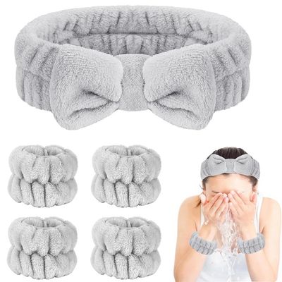 Seakcoik 5Pcs Face Wash Headband and Wristband Set for Women, Hair Band for Washing Face, Makeup, Skincare (Gray)