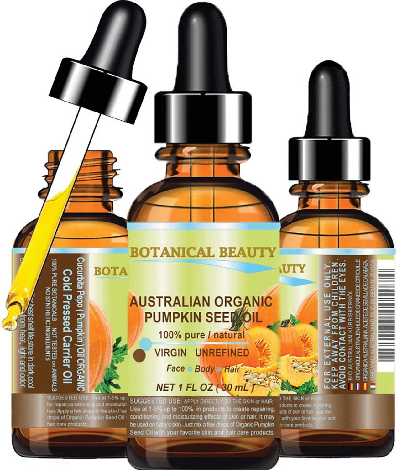 ORGANIC PUMPKIN SEED OIL Australian. 100% Pure/Natural/Undiluted/Unrefined Cold Pressed Carrier Oil. 1 Fl.oz.- 30 ml. For Skin, Hair, Lip And Nail Care. &quot;One Of The Richest Sources Of Enzymes,