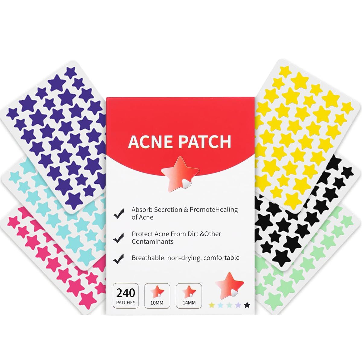 Waspot Pimple Patches for Face, Cute Star Zit Covers, Stars Hydrocolloid Acne Patch, For Sensitive Skin, with Tea Tree, Salicylic Acid &amp; Cica Oil (10&amp;12&amp;14mm) 240 Count