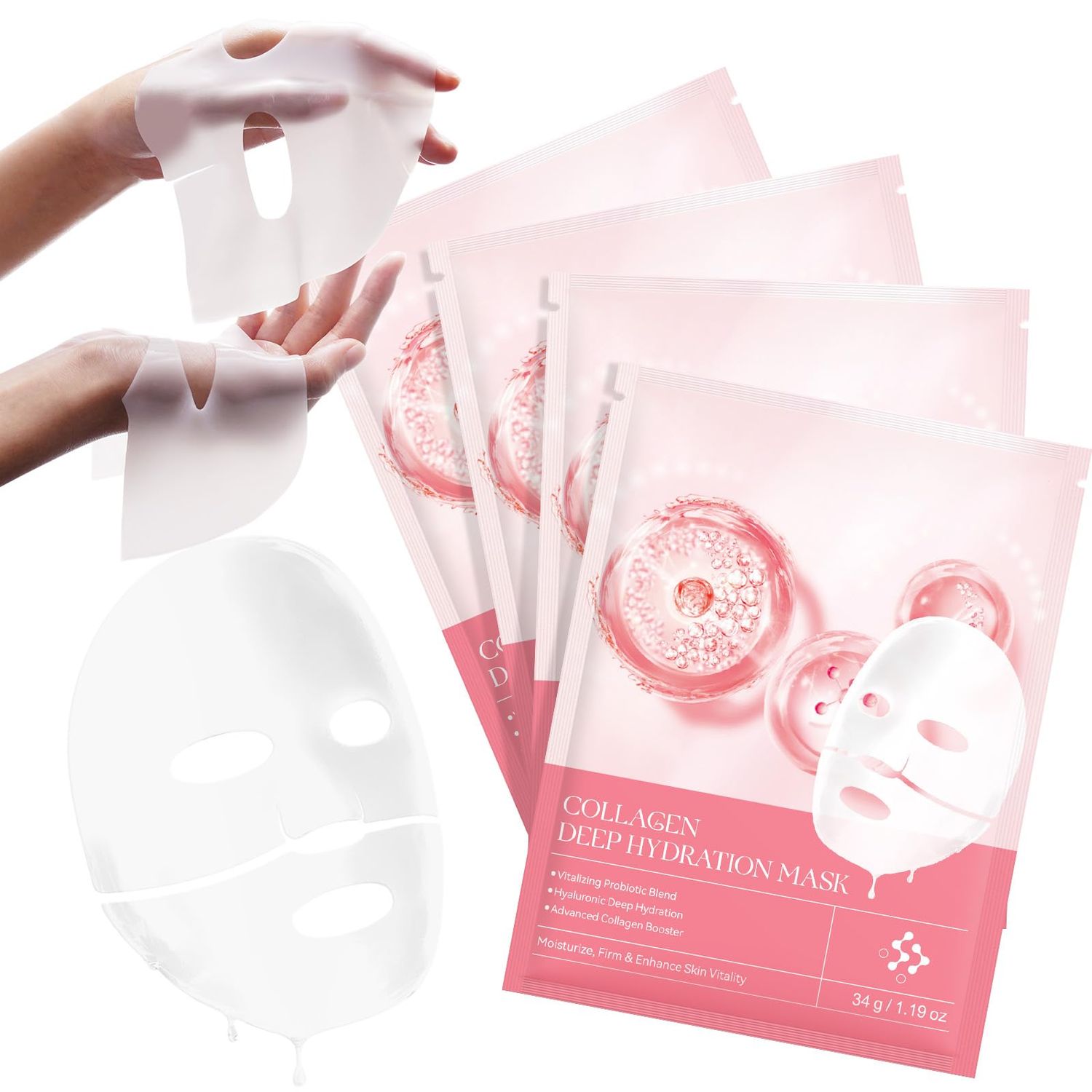 Xaarty Collagen Face Mask, Collagen Real Deep Mask, Hydrating Overnight Hydrogel Mask, Super Hydrating, Nourishing For The Skin, Containing Collagen, Vitamin E &amp; Rose Extract, 34g x4ea, 4 Count