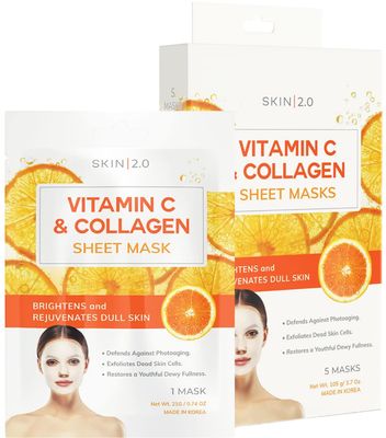 Skin 2.0 Vitamin C &amp; Collagen Sheet Mask - Anti-Aging, Wrinkle &amp; Age Spot Reducer, Hydrating &amp; Moisturizing - Dermatologist Tested Korean Skincare, Clean Beauty, Cruelty-Free, All Skin Types - 5 Masks