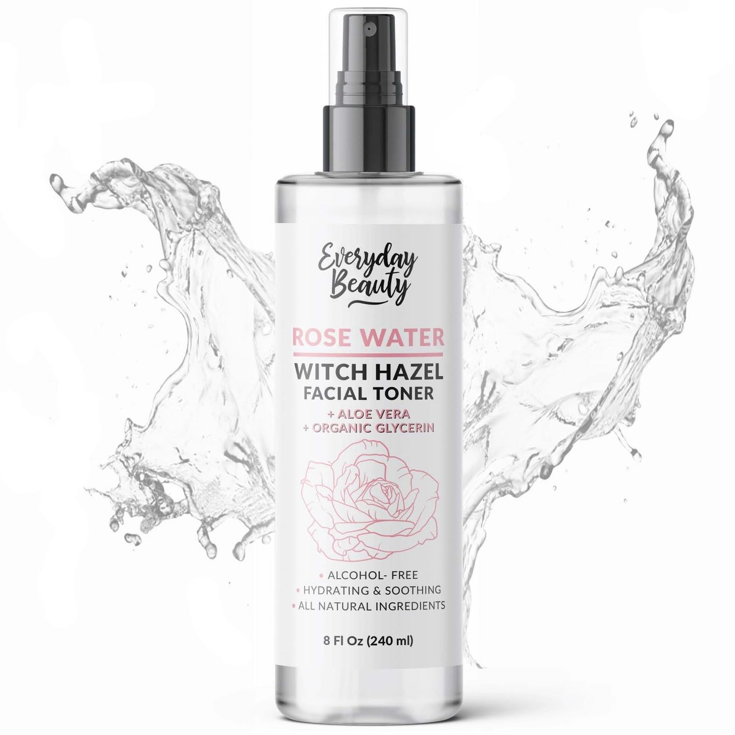 Rose Water Witch Hazel Hydrating Facial Toner with Aloe Vera - Alcohol Free &amp; All Natural Ingredients - 8 Fl Oz