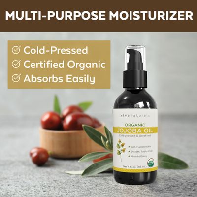 Viva Naturals Organic Jojoba Oil - Pure Cold-Pressed for Skin and Hair, USDA Certified Face Moisturizer, 4 fl. oz
