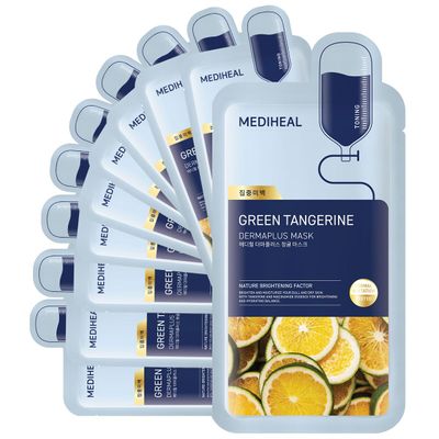 Mediheal Dermaplus Green Tangerine Mask (10 Counts) - Daily Vegan Mask for Toning Skin with Panthenol &amp; Hyaluron, Korean Self Skin Care Sheet Mask