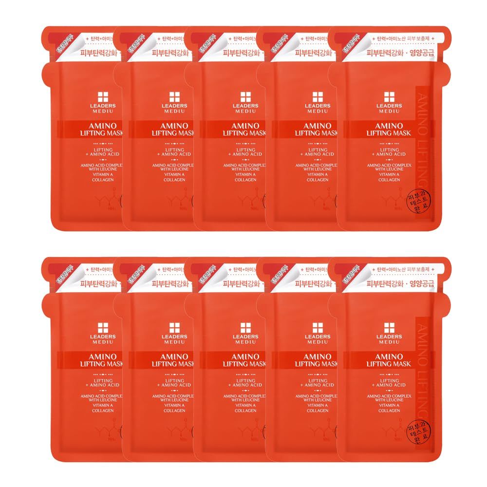 Leaders Mediu Amino Firming &amp; Lifting Facial Sheet Mask | Amino Acid Complex, Vitamin A, Collagen | Reduces Fine Lines, Improves Elasticity, for All Skin Types (10 Sheets)