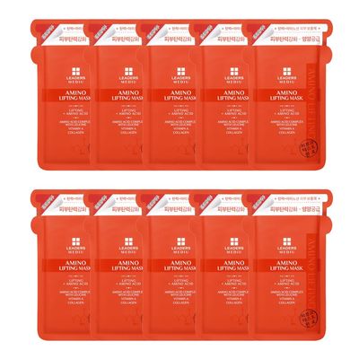 Leaders Mediu Amino Firming &amp; Lifting Facial Sheet Mask | Amino Acid Complex, Vitamin A, Collagen | Reduces Fine Lines, Improves Elasticity, for All Skin Types (10 Sheets)