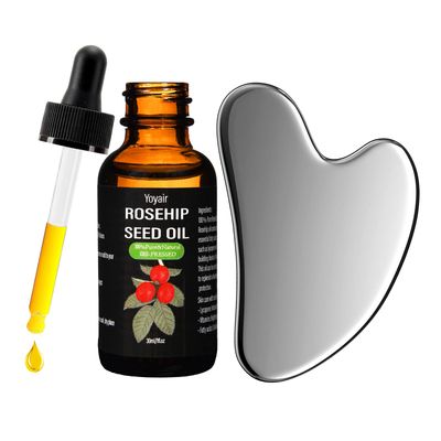 Yoyair Gua Sha Facial Tools &amp; Rosehip Oil 2 in 1, Stainless Steel Gua Sha Tool, Premium Gua Sha Set with Oil for Facial Skin Care Body Eyes Neck Massage