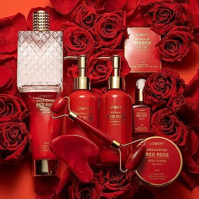 Valentines Day Gifts for Her, Red Rose Valentine Spa Gift Basket Relaxation Gifts for Women, Bath and Body Gift Set Pampering for Mom Birthday With Perfume, Jade Roller, Quartz Gua Sha Stone &amp; More