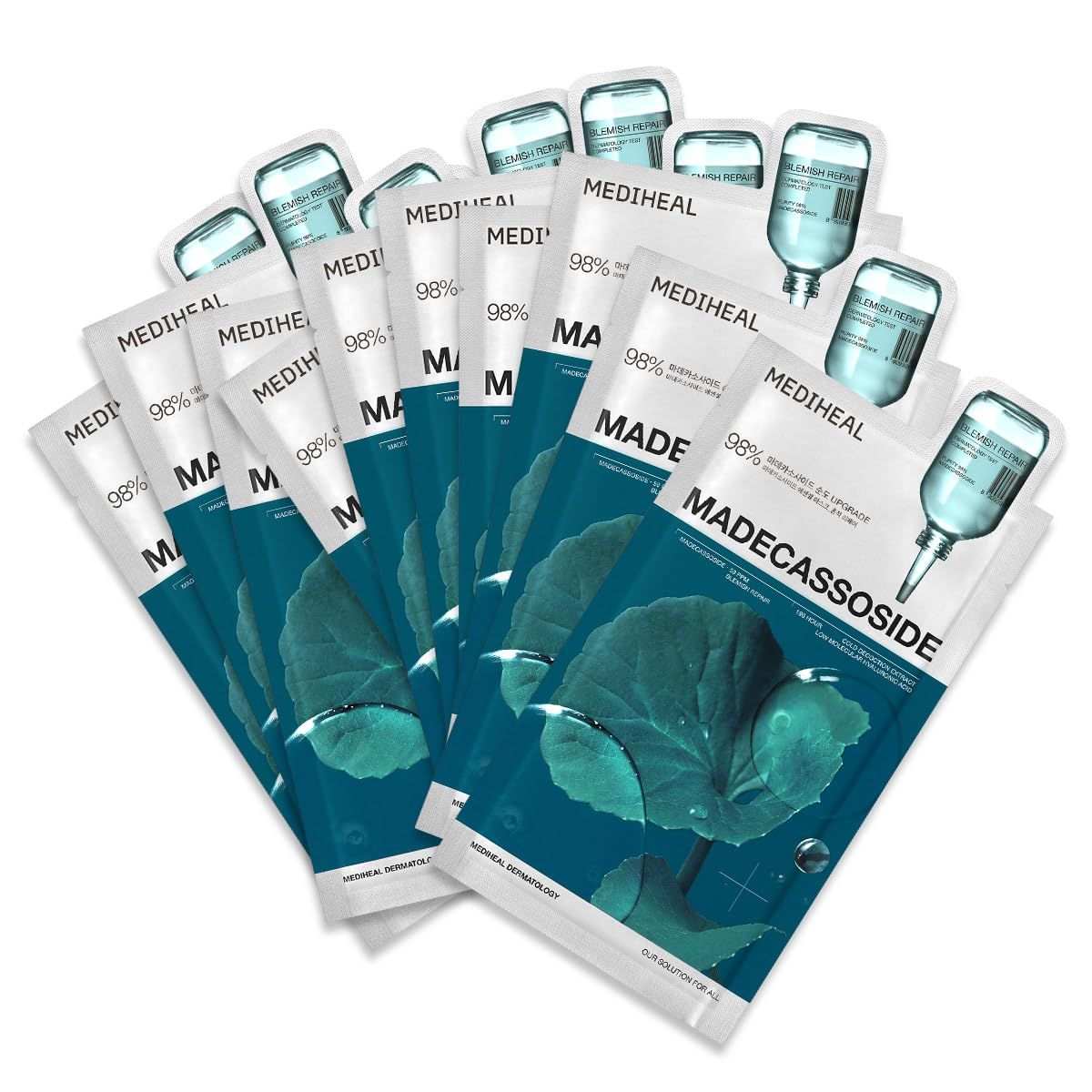 Mediheal Madecassoside Essential Sheet Mask Blemish Repair 10 pcs. 98% Purity Madecassoside &amp; Hyaluronic Acid Included. Enhancing Moisture Barrier &amp; Skin Texture Care. Vegan Formula Sheet Mask