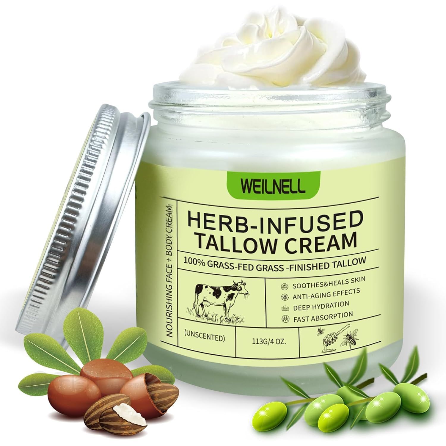 WEILNELL Beef Tallow for Skin, Tallow Face Moisturizer (4 oz), Organic Beef Tallow Blam, Grass Fed Whipped Tallow Cream for Face &amp; Body, Beef Tallow Moisturizer Body Lotion Skin Care