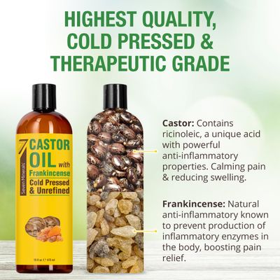 Seven Minerals Cold Pressed Castor Oil with Frankincense - 16 fl oz Bottle - Unrefined &amp; Hexane Free - Hair Growth, Thicker Eyelashes &amp; Eyebrows, Dry Skin Care, Joint and Muscle Pain (Pack of 1)