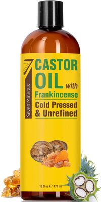 Seven Minerals Cold Pressed Castor Oil with Frankincense - 16 fl oz Bottle - Unrefined &amp; Hexane Free - Hair Growth, Thicker Eyelashes &amp; Eyebrows, Dry Skin Care, Joint and Muscle Pain (Pack of 1)