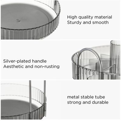 Vorey 360 Rotating Makeup Organizer Countertop with Cosmetic Brush Holder, 2 Tier Bathroom Organizer Spinning Perfume Organizers Skincare Organizers Makeup Carousel with Silver Handle, Clear Gray