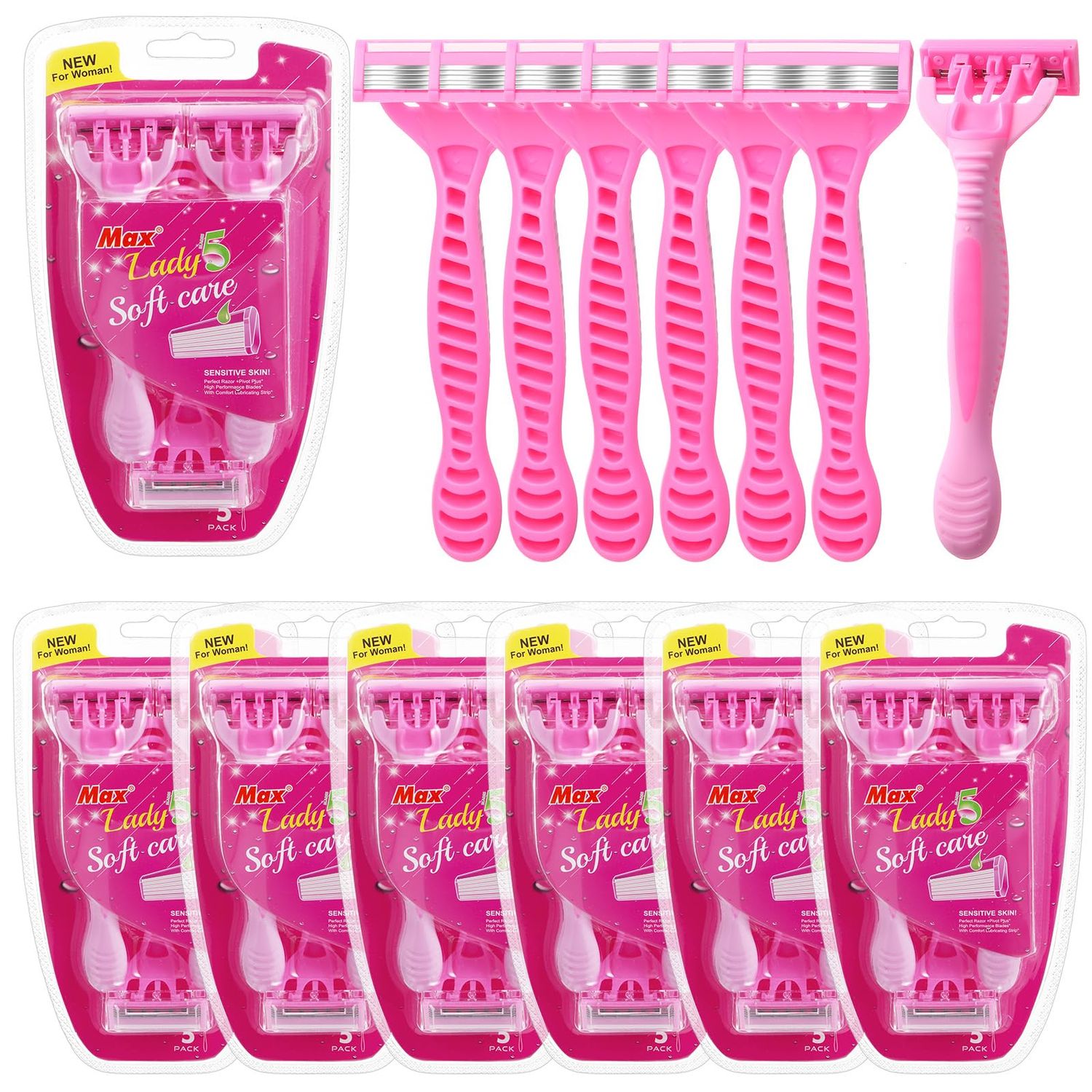 Wovnet 35 Count Women&#39;s Disposable Razors Bulk 5-Blade Disposable Razors Set Sensitive Disposable Razors Pink Bikini Razors Travel Razor Disposable Head Razor for Women Comfortable Shave