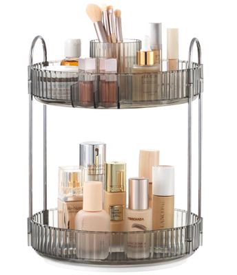 Vorey 360 Rotating Makeup Organizer Countertop with Cosmetic Brush Holder, 2 Tier Bathroom Organizer Spinning Perfume Organizers Skincare Organizers Makeup Carousel with Silver Handle, Clear Gray