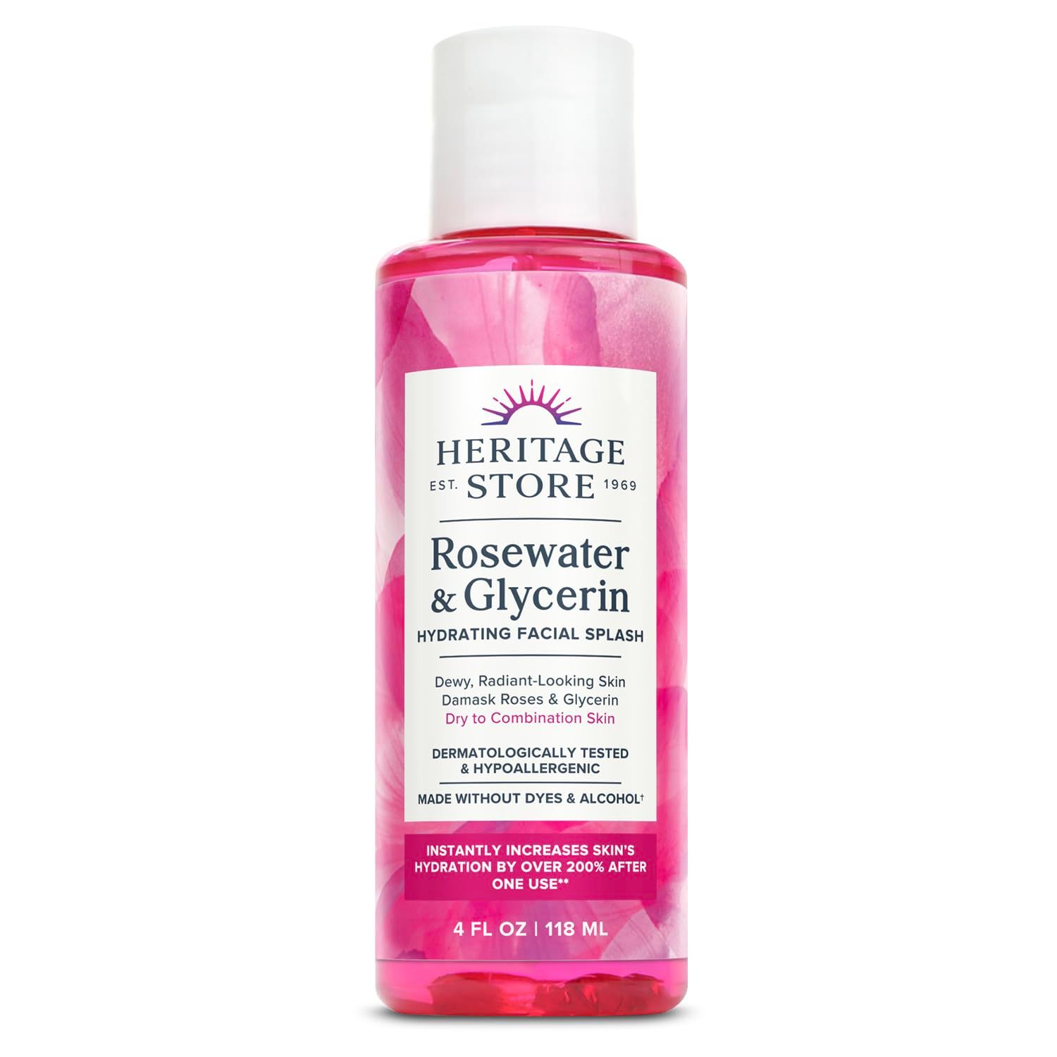 HERITAGE STORE Rosewater &amp; Glycerin Hydrating Facial Splash - Dry Combination Skin Care - Rose Water with Vegetable Glycerine - Made w/out Dyes or Alcohol, Hypoallergenic, Vegan, 60-Day Guarantee, 4oz