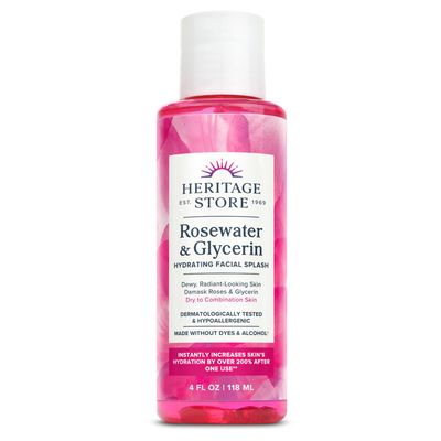 HERITAGE STORE Rosewater &amp; Glycerin Hydrating Facial Splash - Dry Combination Skin Care - Rose Water with Vegetable Glycerine - Made w/out Dyes or Alcohol, Hypoallergenic, Vegan, 60-Day Guarantee, 4oz