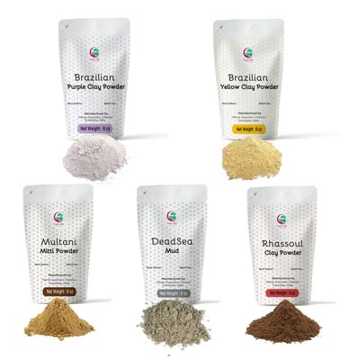 Pack of 5 Cosmetic Clay Powders | Clays for Soap Making and Mask Making | Multani Mitti, Rhassoul, Dead Sea Mud, Yellow &amp; Purple Clay Powders | 8oz Each | Best Colorful Clays for DIY | Yogis Gift