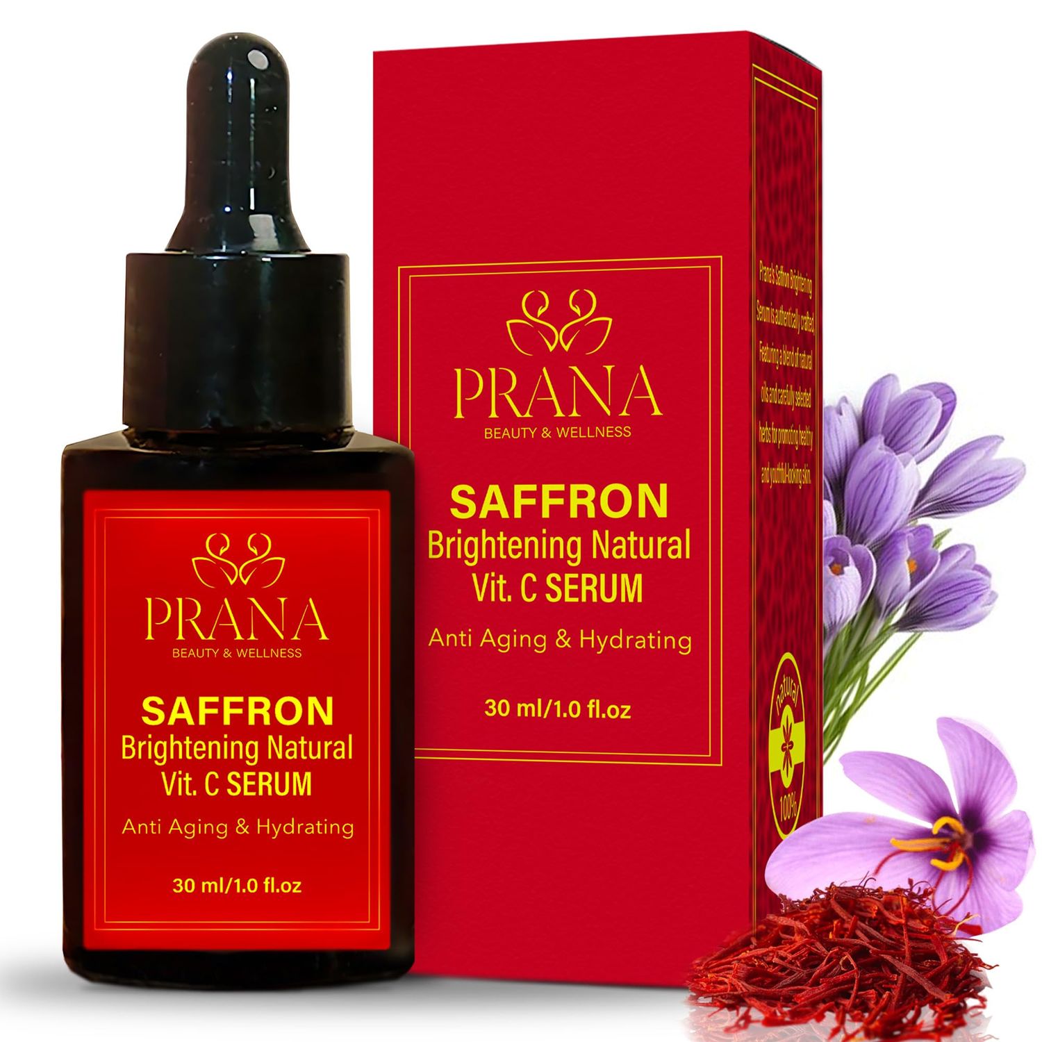 Prana Saffron Brightening Vitamin C Serum 30ml/1 fl oz | 100% Natural Skincare| Ayurvedic ingredients|Pure Saffron and Lotus | For deep hydration, Even Skin Tone, Acne &amp; Dark Spots | Anti-aging