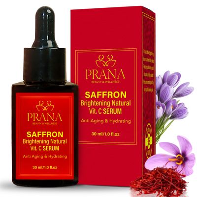 Prana Saffron Brightening Vitamin C Serum 30ml/1 fl oz | 100% Natural Skincare| Ayurvedic ingredients|Pure Saffron and Lotus | For deep hydration, Even Skin Tone, Acne &amp; Dark Spots | Anti-aging
