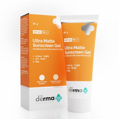 The Derma Co Ultra Matte Sunscreen Gel with SPF 60 &amp; PA+++ | Broad Spectrum Protection | Helps Prevent Sun Damage | Oil-Free Formula for Acne-Prone Skin | 1.76 Oz/50g