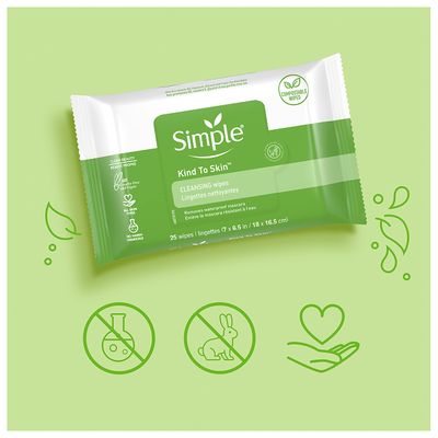 Simple Kind to Skin Facial Wipes Gentle and Effective Makeup Remover Cleansing Free from color and dye, artificial perfume and harsh chemicals 25 Wipes