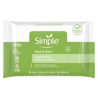 Simple Kind to Skin Facial Wipes Gentle and Effective Makeup Remover Cleansing Free from color and dye, artificial perfume and harsh chemicals 25 Wipes