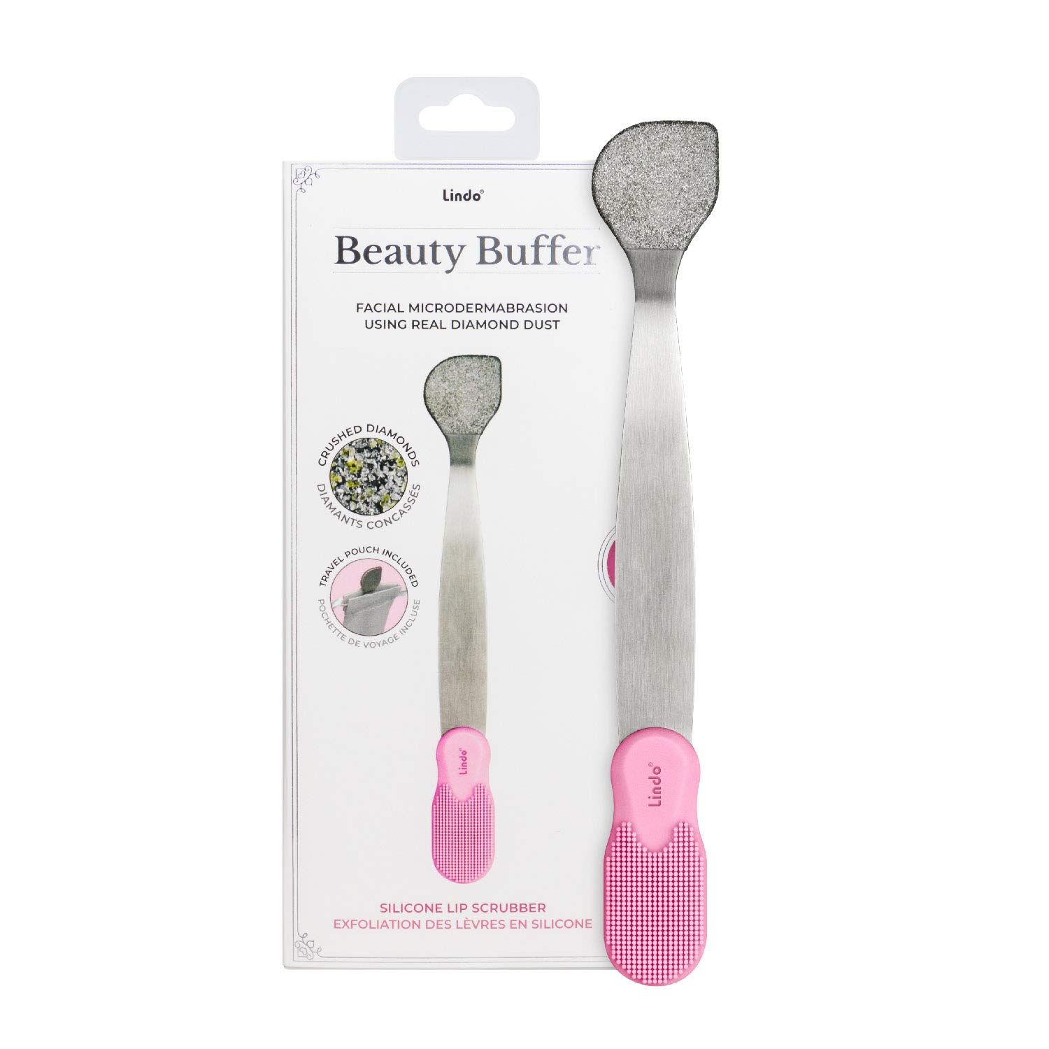 Lindo Beauty Buffer - Microdermabrasion Tool, Diamond Infused, Embedded Silicone Lip Scrubber, For Smooth Skin, Radiant Complexion, Travel Pouch Included