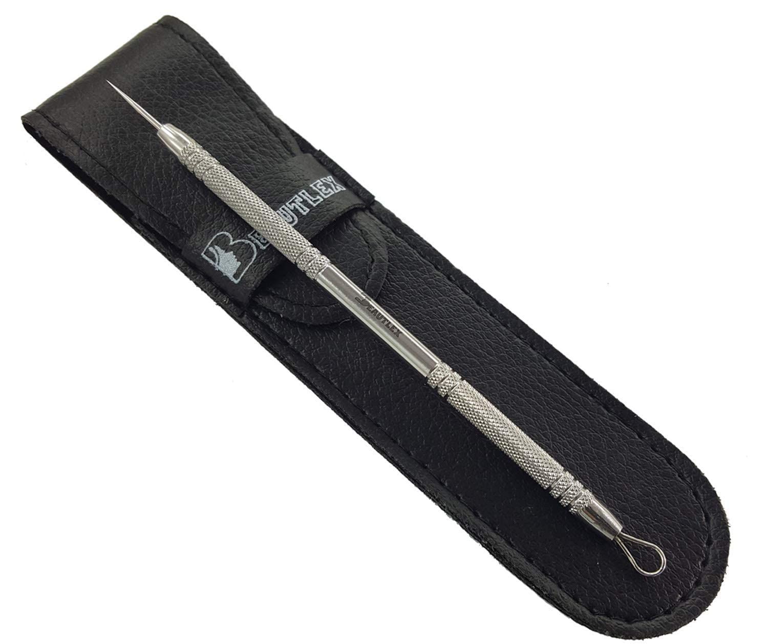 Lancet for Facial Milia Remover and Whitehead Extractor. Double Ended Angled Circle Loop &amp; Sharp Needle Pimple Popper Tool. Dermatologists recommended Design and Comes with Synthetic Leather Storage