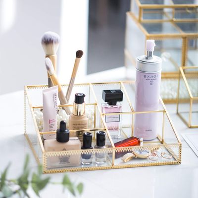 Makeup Organizer Antique Countertop Cosmetic Storage Box Glass Beauty Display, Gold Spin Large Capacity Holder for Brushes Lipsticks Skincare Toner