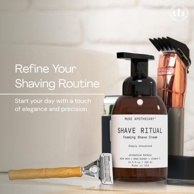Muse Apothecary Foaming Shave Ritual - Natural Shaving Cream Sensitive Skin - Womens Shaving Cream Mens Shave Cream - Protective Formula Aloe Vera + Shea Butter + Vitamin E - Simply Unscented, 11.5oz