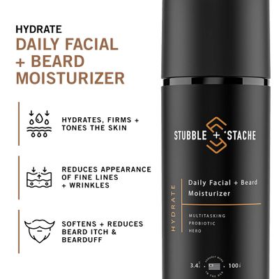 stubble &amp; stache Beard &amp; Face Moisturizer for Men - Hydrating Lotion with Hyaluronic Acid, Niacinamide, Argan Oil, Aloe Vera, Jojoba Oil, &amp; Vitamin A for Dry Skin &amp; Beard Conditioning - 3.4 fl oz