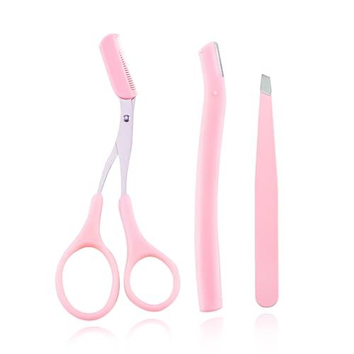 TORMEN Professional Eyebrow Grooming Kit, Eyebrow Scissors with Comb Eyebrow Razor Eyebrow Tweezers for Perfect Eyebrow Shaping, Face Hair Removal Tool for Men and Women(Pink)