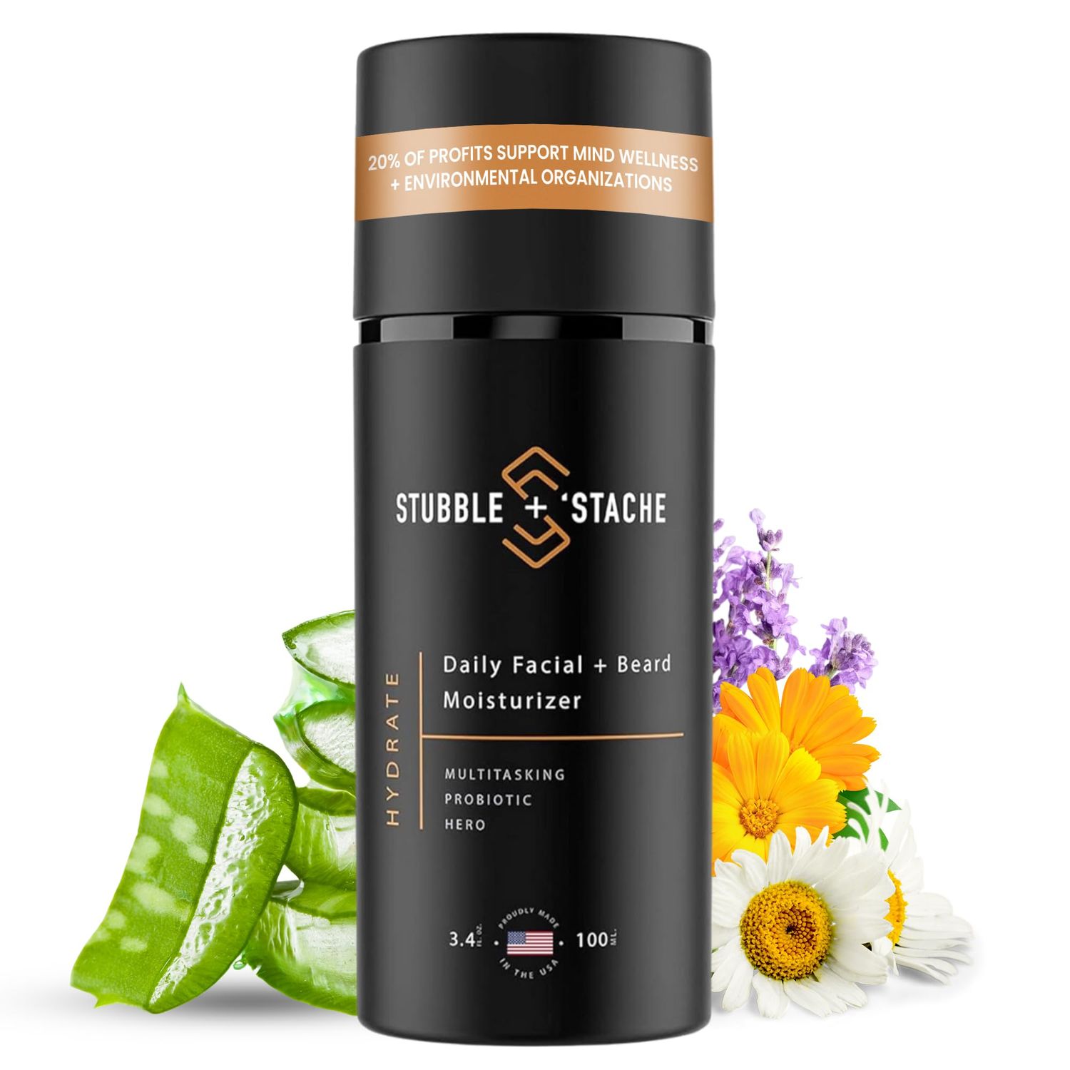 stubble &amp; stache Beard &amp; Face Moisturizer for Men - Hydrating Lotion with Hyaluronic Acid, Niacinamide, Argan Oil, Aloe Vera, Jojoba Oil, &amp; Vitamin A for Dry Skin &amp; Beard Conditioning - 3.4 fl oz