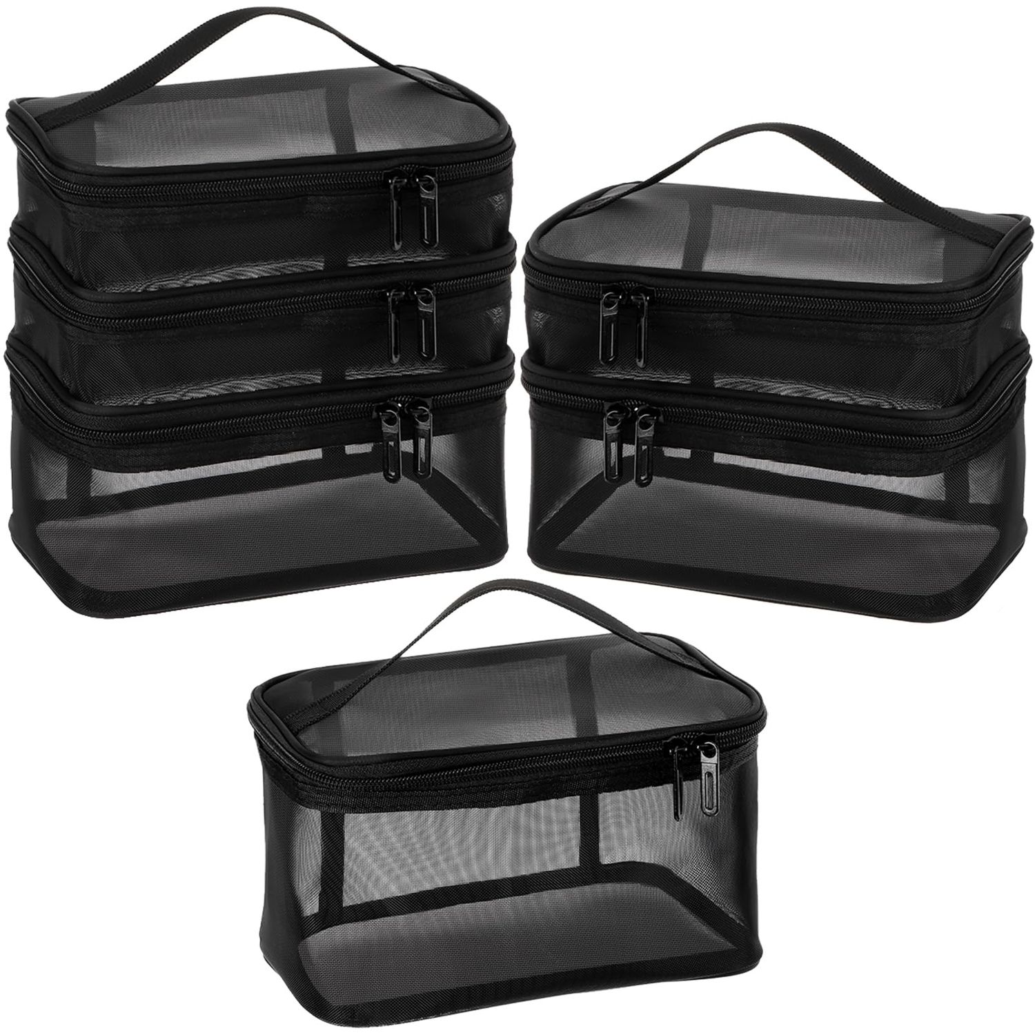 Tosnail Set of 3 Mesh Zipper Bag with Handle, Black Mesh Pouch, Travel Toiletry Bag, Cosmetic Organizer Case, Portable Small Shower Caddy for Makeup, Skincare, Beauty Product, Office, Arts and Crafts