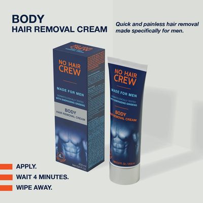 No Hair Crew Body At Home Hair Removal Cream for Manscaping Unwanted Hair with Energizing Ginseng, Premium Depilatory, Painless &amp; Flawless, Made for Men, 200ml