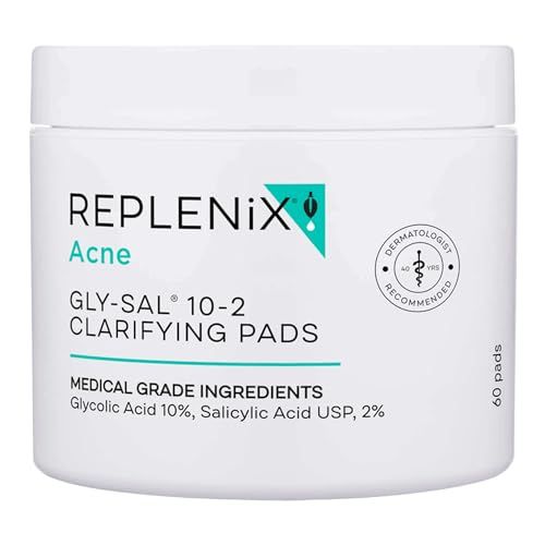 Replenix Gly-Sal 10-2 Clarifying Pads, Medical-Grade Exfoliating Cleansing Wipes for Acne-Prone Skin, Oil-Free Facial Treatment with Witch Hazel, 10% Glycolic &amp; 2% Salicylic Acids (60 ct.)