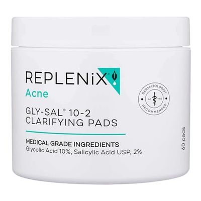 Replenix Gly-Sal 10-2 Clarifying Pads, Medical-Grade Exfoliating Cleansing Wipes for Acne-Prone Skin, Oil-Free Facial Treatment with Witch Hazel, 10% Glycolic &amp; 2% Salicylic Acids (60 ct.)