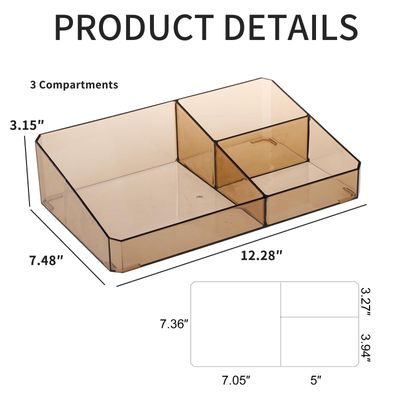 Yesesion Large Makeup Organizer Trays with 3 Compartments, Amber Vanity Storage Box for Lipsticks, Beauty Supplies, Skincare Products, Perfume, Nail Polish, Eyeshadow Palette, Hair Clips Accessories