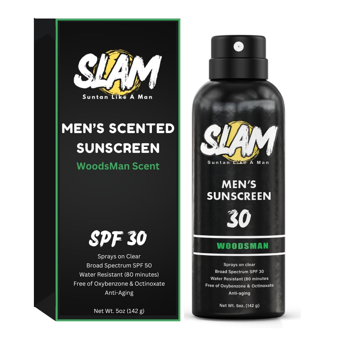 SLAM WoodsMan Men&#39;s Scented Sunscreen Spray SPF 30 - Broad Spectrum Sun Screen Spray for Face &amp; Body, Water Resistant &amp; Sweat Resistant Spray Sunscreen, UVA/UVB Protection, Sunblock Spray for Men