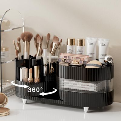 LITURTOO 360 Rotating Makeup Organizer, 3 Tier Makeup Brush Holder for Vanity, Skincare Make Up Storage, Cosmetics, Nail Polish, Art Supply, Bathroom Desktop Organizer(Black)