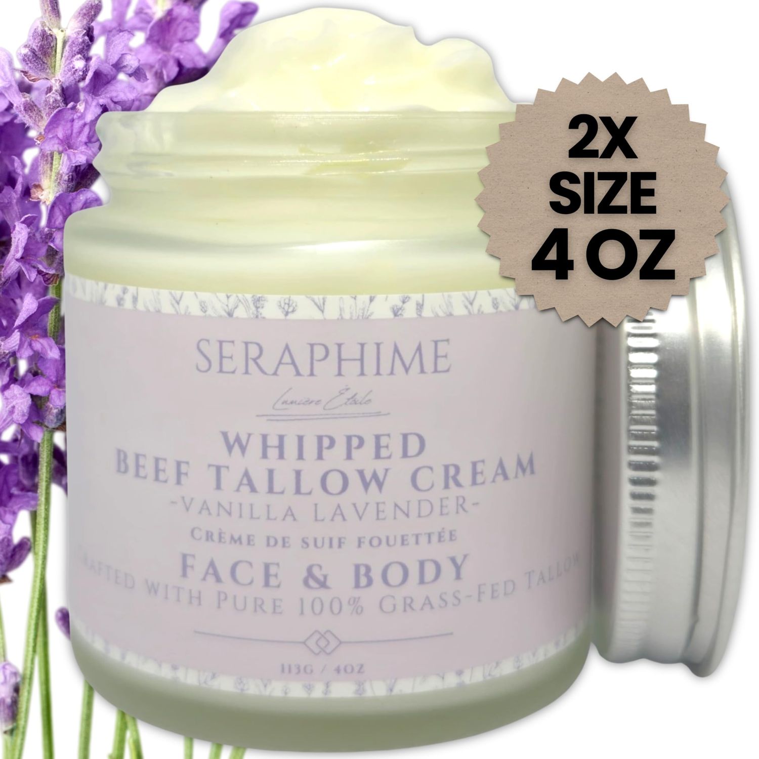 Seraphime Whipped Beef Tallow Cream (Lavender) - Grass Fed Beef Tallow for Face &amp; Body, Tallow Face Cream, Whipped Tallow Balm, Whipped Tallow Face Moisturizer, Beef Tallow for Skin, Body Butter, 4 oz