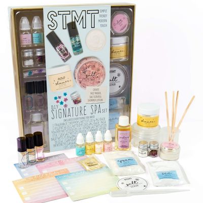 STMT DIY Signature Spa Set by Horizon Group USA, Mix &amp; Make Your Own Spa Supplies with Salt Scrubs, Fragrances &amp; Shimmer Lotions. Multicolored