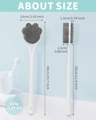 Manmihealth 15.7" Cute Silicone Back Scrubber with Long-Handle, Dual Use Back Brush for Shower with Super-Soft Silicone Bristles, Paw-Shaped Shower Body Scrubber for Sensitive Skin (Gray)