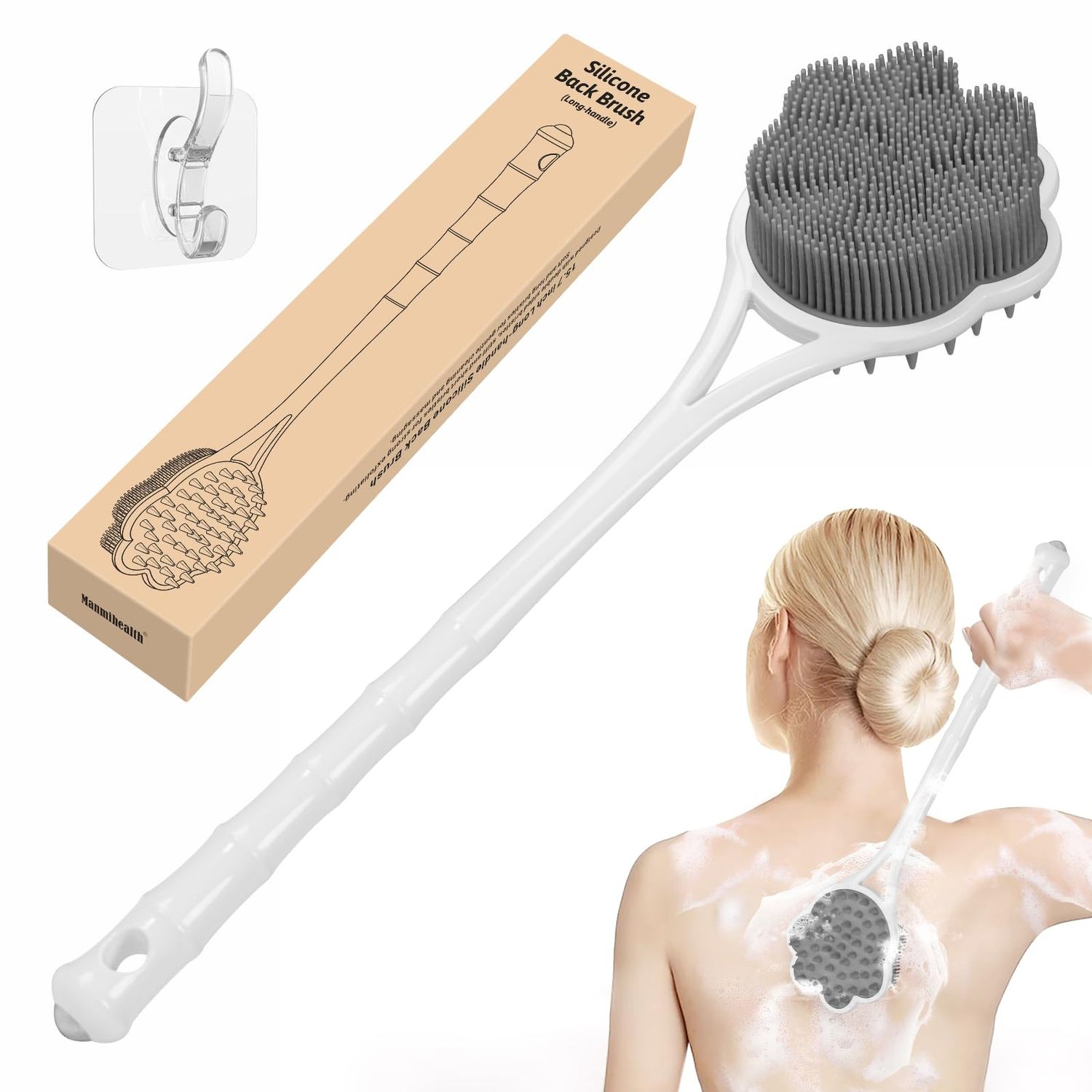 Manmihealth 15.7&quot; Cute Silicone Back Scrubber with Long-Handle, Dual Use Back Brush for Shower with Super-Soft Silicone Bristles, Paw-Shaped Shower Body Scrubber for Sensitive Skin (Gray)