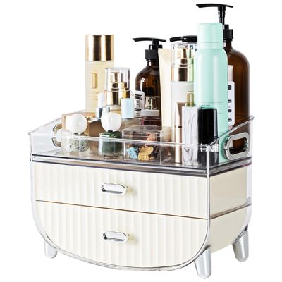 VUSIGN Makeup Organizer, Cosmetics Skincare Organizers with 2 Drawers and 1 Tray for Vanity Organizer, Makeup Holder for Countertop, Bathroom, Dresser, Ideal Gifts for Women, White