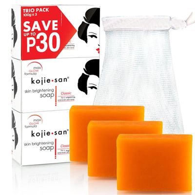 Kojie San Skin Brightening Soap - The Original Kojic Acid, Dark Spot Remover Bar Soap with Coconut &amp; Tea Tree Oil - 100g x 3 Bars with Net