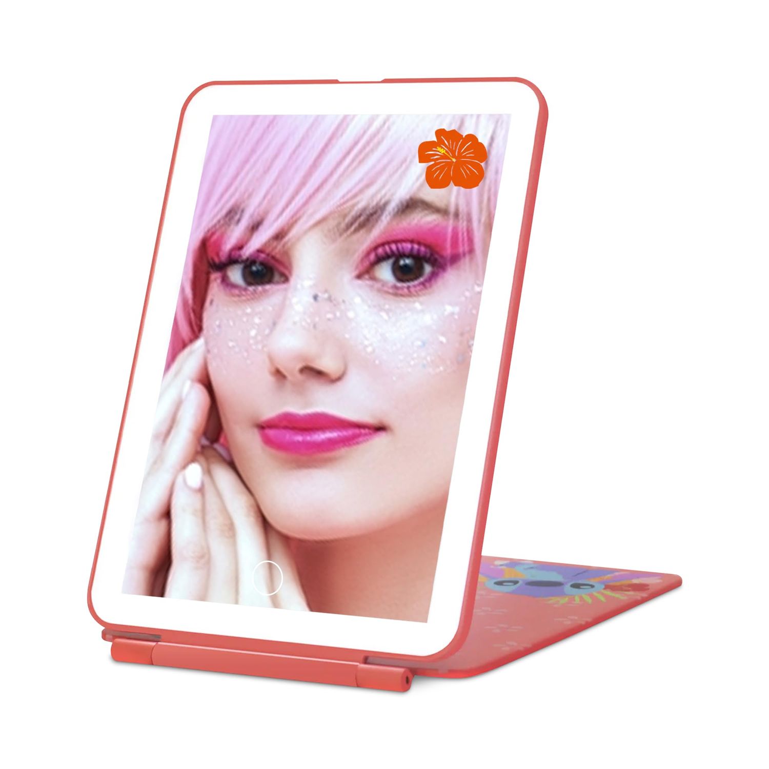 Impressions Vanity Disney Stitch TouchPad Mini LED Makeup Mirror for Purse, Ultra Slim Travel Mirror with Tri Tone Lights, Flip Cover, Adjustable Brightness, and Touch Screen Switch (Coral)