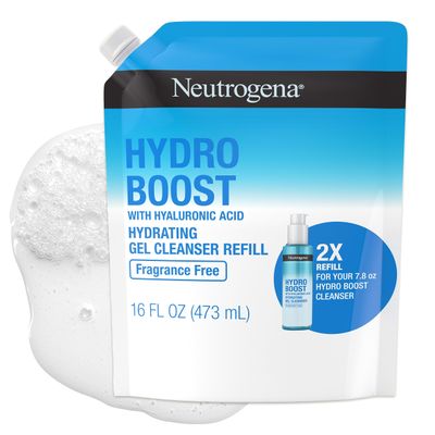Neutrogena Hydro Boost Fragrance Free Hydrating Gel Facial Cleanser with Hyaluronic Acid, Daily Foaming Face Wash &amp; Makeup Remover, Gentle Face Wash, Non-Comedogenic, Refill Pouch, 16 fl. oz