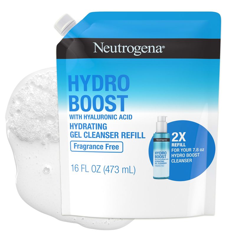 Neutrogena Hydro Boost Fragrance Free Hydrating Gel Facial Cleanser with Hyaluronic Acid, Daily Foaming Face Wash &amp; Makeup Remover, Gentle Face Wash, Non-Comedogenic, Refill Pouch, 16 fl. oz